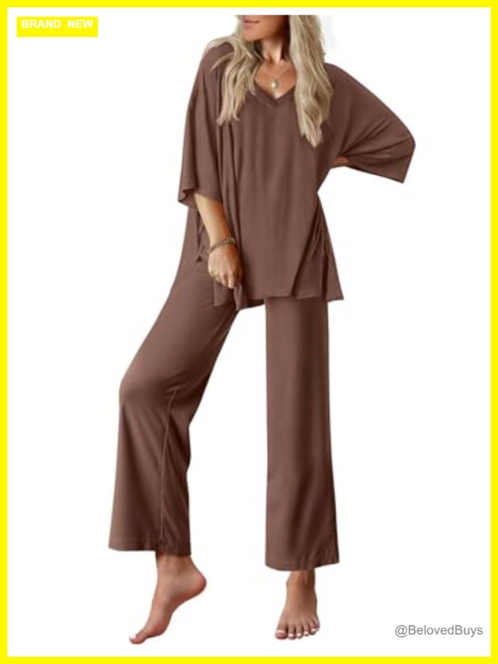 Ekouaer Women's 2-Piece Pajama Set V-Neck Short Sleeve Long Pants Lounge
